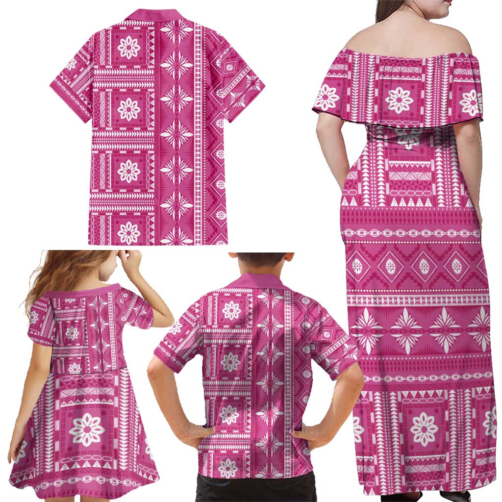 Fiji Masi All Pink Family Matching Off Shoulder Maxi Dress and Hawaiian Shirt Tapa Pattern LT01 - Polynesian Pride