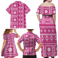 Fiji Masi All Pink Family Matching Off Shoulder Maxi Dress and Hawaiian Shirt Tapa Pattern LT01 - Polynesian Pride
