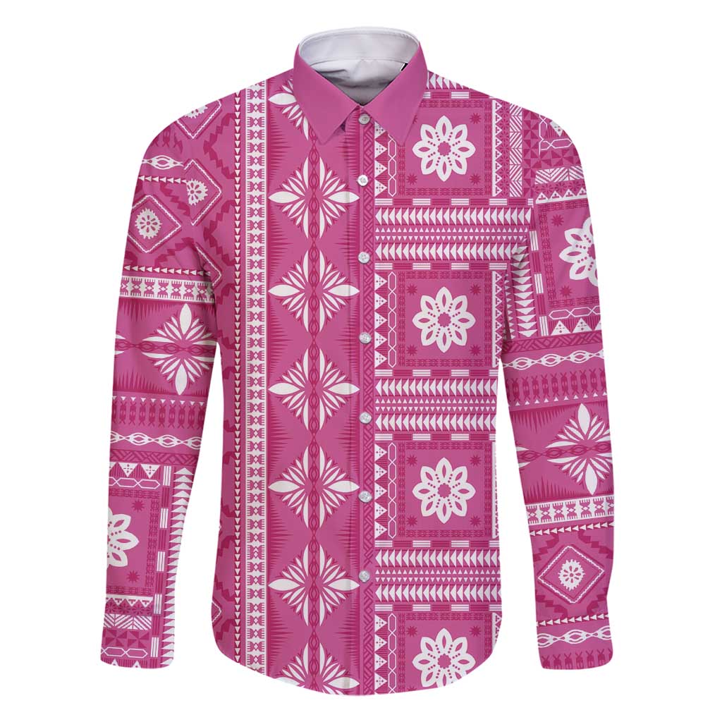 Fiji Masi All Pink Family Matching Off Shoulder Maxi Dress and Hawaiian Shirt Tapa Pattern LT01 Dad's Shirt - Long Sleeve Pink - Polynesian Pride