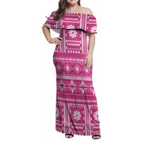 Fiji Masi All Pink Family Matching Off Shoulder Maxi Dress and Hawaiian Shirt Tapa Pattern LT01 Mom's Dress Pink - Polynesian Pride