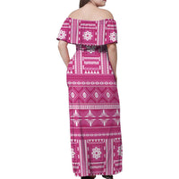 Fiji Masi All Pink Family Matching Off Shoulder Maxi Dress and Hawaiian Shirt Tapa Pattern LT01 - Polynesian Pride