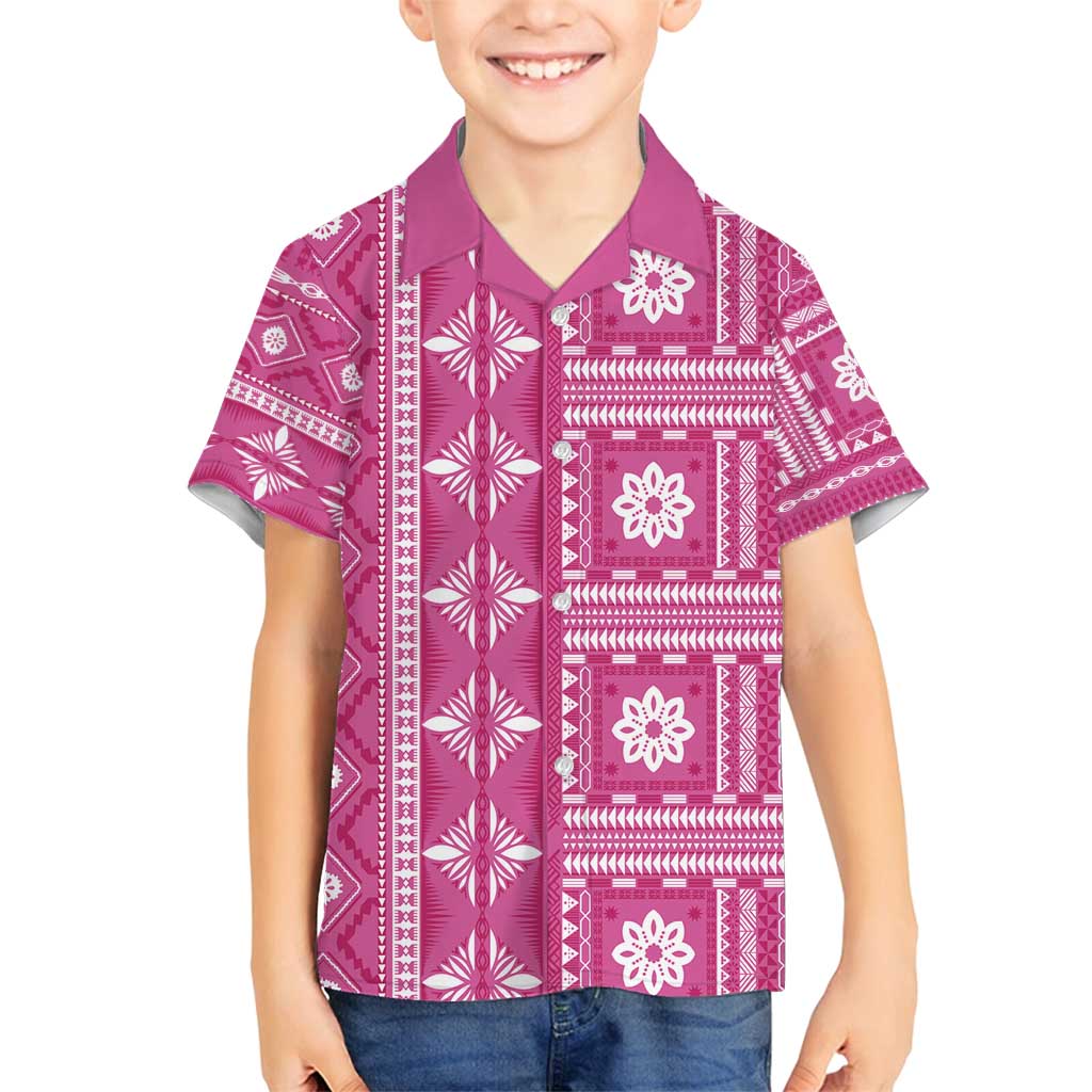 Fiji Masi All Pink Family Matching Off Shoulder Maxi Dress and Hawaiian Shirt Tapa Pattern LT01 Son's Shirt Pink - Polynesian Pride