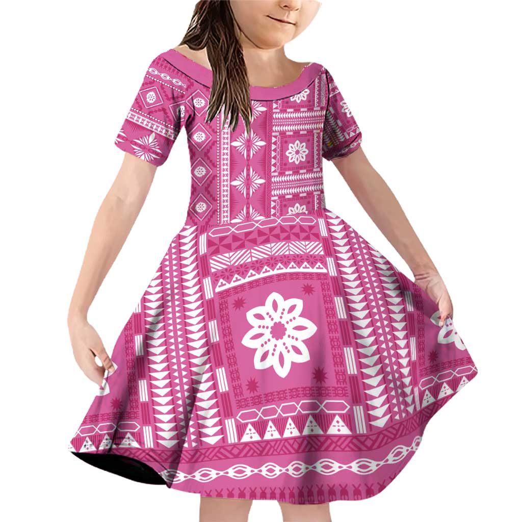 Fiji Masi All Pink Family Matching Off Shoulder Short Dress and Hawaiian Shirt Tapa Pattern LT01 Daughter's Dress Pink - Polynesian Pride