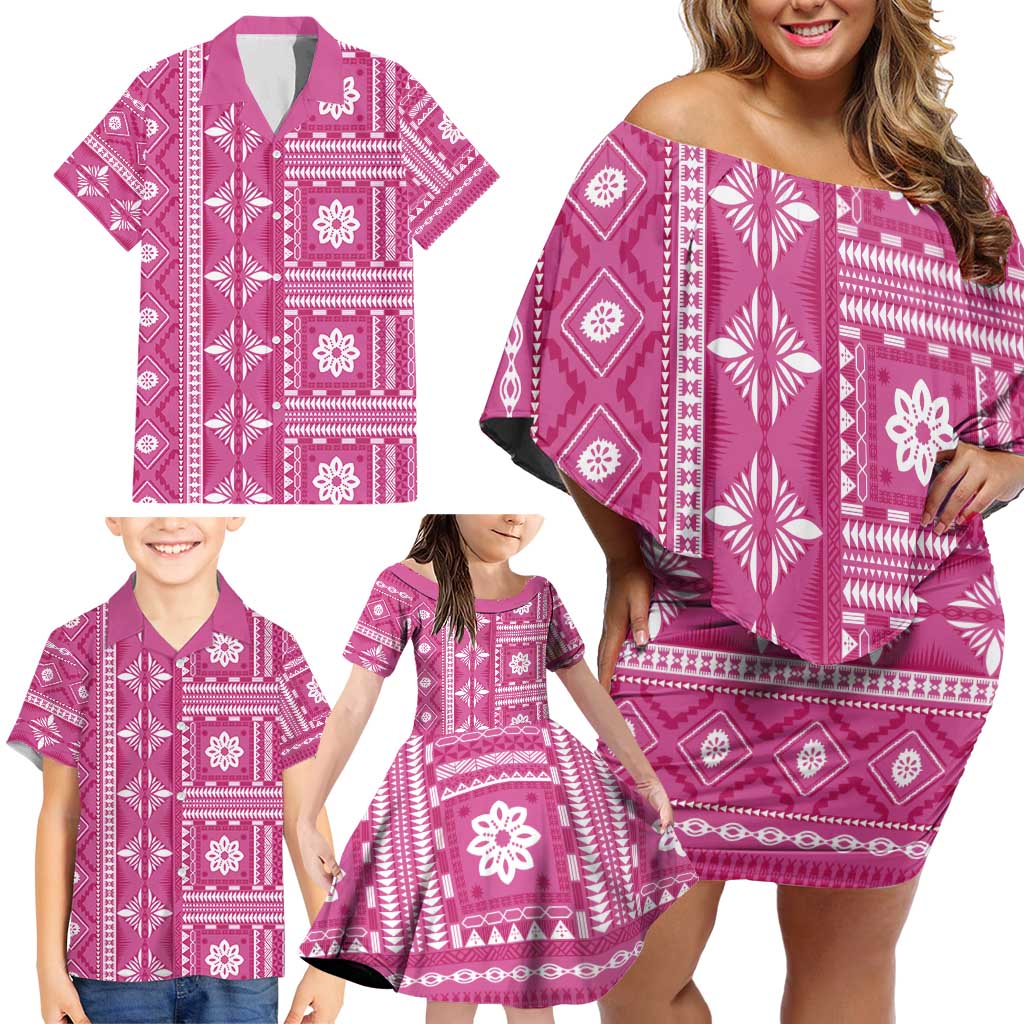 Fiji Masi All Pink Family Matching Off Shoulder Short Dress and Hawaiian Shirt Tapa Pattern LT01 - Polynesian Pride