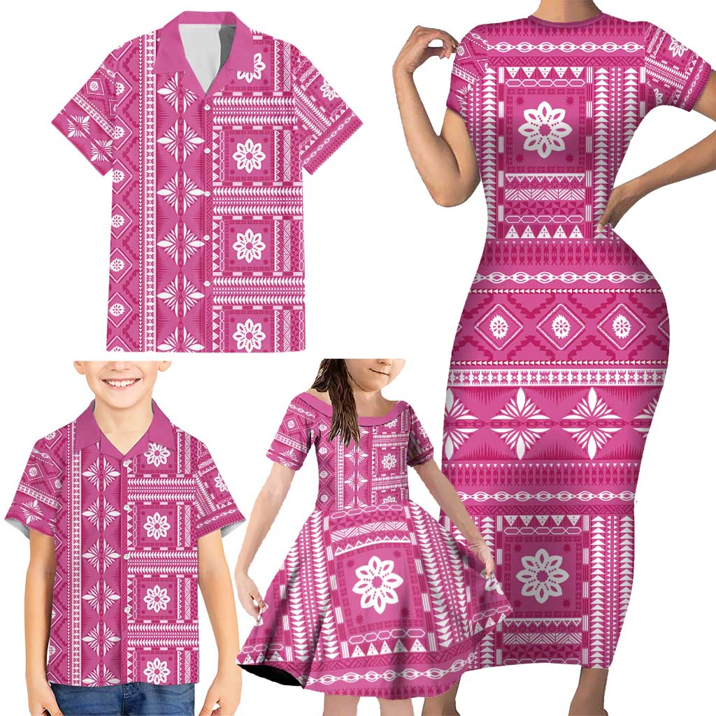 Fiji Masi All Pink Family Matching Short Sleeve Bodycon Dress and Hawaiian Shirt Tapa Pattern LT01 - Polynesian Pride