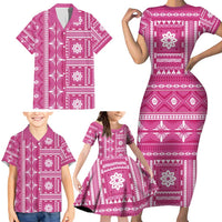 Fiji Masi All Pink Family Matching Short Sleeve Bodycon Dress and Hawaiian Shirt Tapa Pattern LT01 - Polynesian Pride