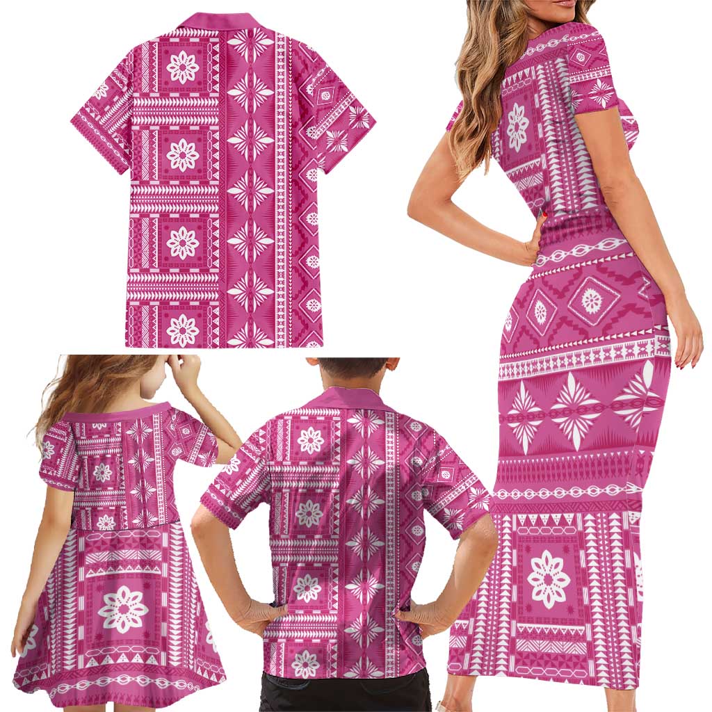 Fiji Masi All Pink Family Matching Short Sleeve Bodycon Dress and Hawaiian Shirt Tapa Pattern LT01 - Polynesian Pride