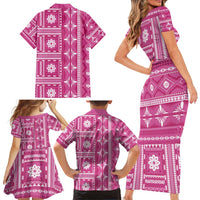 Fiji Masi All Pink Family Matching Short Sleeve Bodycon Dress and Hawaiian Shirt Tapa Pattern LT01 - Polynesian Pride