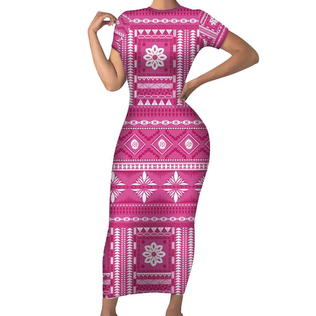 Fiji Masi All Pink Family Matching Short Sleeve Bodycon Dress and Hawaiian Shirt Tapa Pattern LT01 Mom's Dress Pink - Polynesian Pride