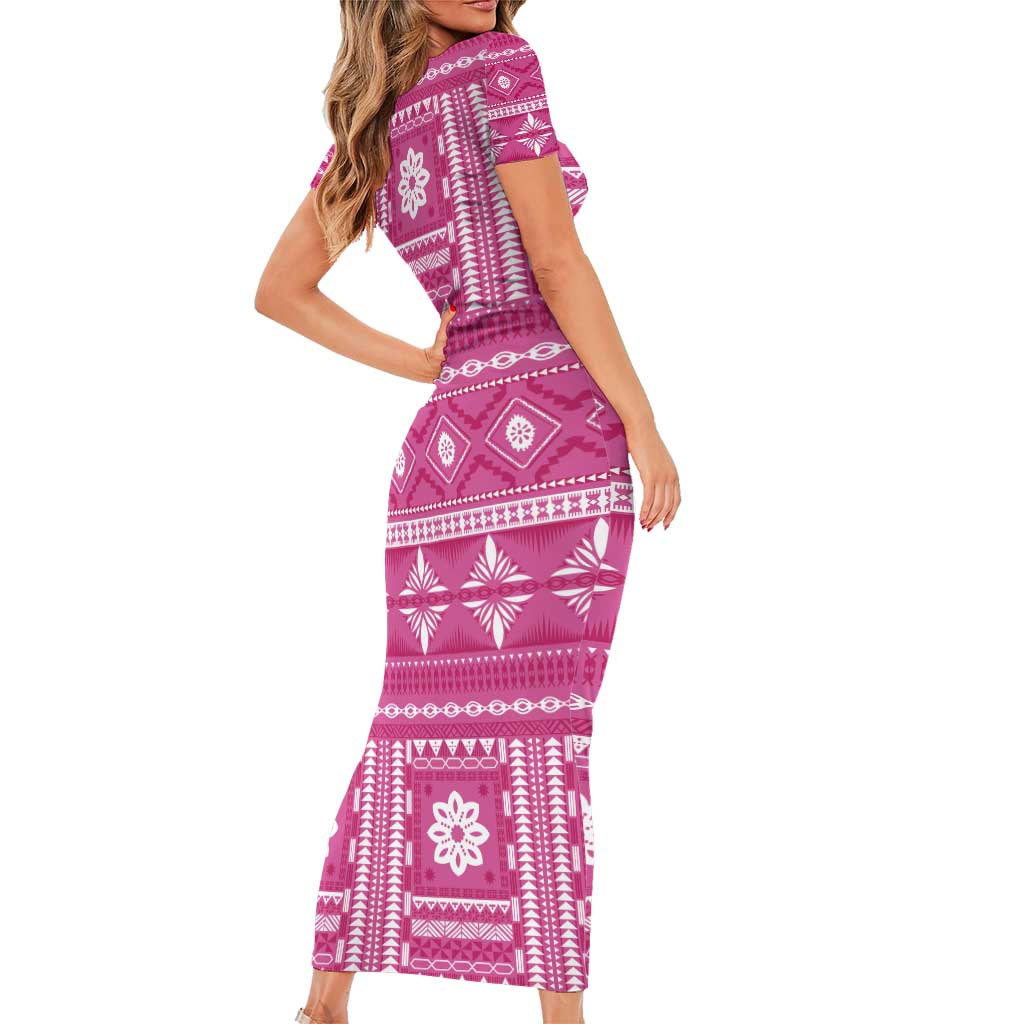 Fiji Masi All Pink Family Matching Short Sleeve Bodycon Dress and Hawaiian Shirt Tapa Pattern LT01 - Polynesian Pride