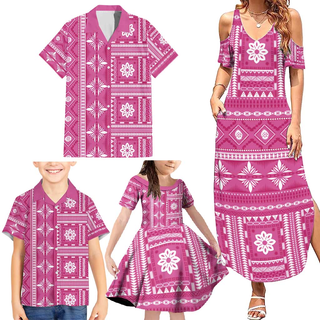 Fiji Masi All Pink Family Matching Summer Maxi Dress and Hawaiian Shirt Tapa Pattern LT01 - Polynesian Pride