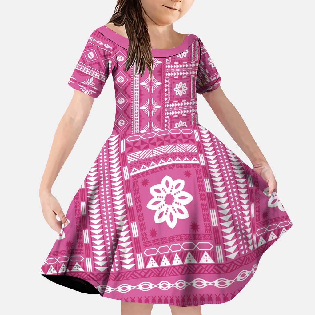 Fiji Masi All Pink Family Matching Tank Maxi Dress and Hawaiian Shirt Tapa Pattern LT01 Daughter's Dress Pink - Polynesian Pride