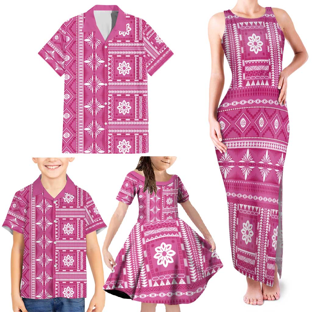 Fiji Masi All Pink Family Matching Tank Maxi Dress and Hawaiian Shirt Tapa Pattern LT01 - Polynesian Pride