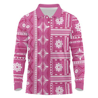 Fiji Masi All Pink Long Sleeve Polo Shirt Tapa Pattern - Polynesian Pride