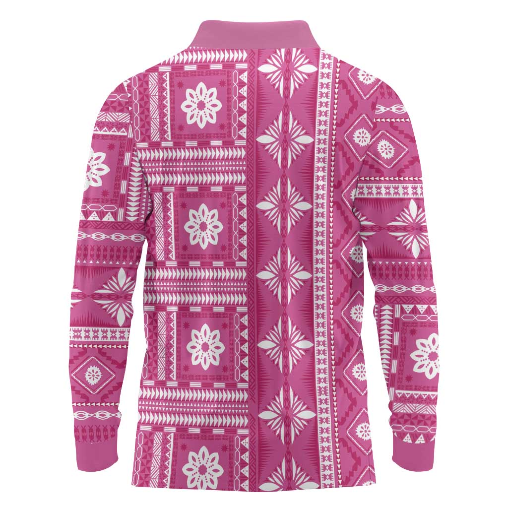 Fiji Masi All Pink Long Sleeve Polo Shirt Tapa Pattern - Polynesian Pride
