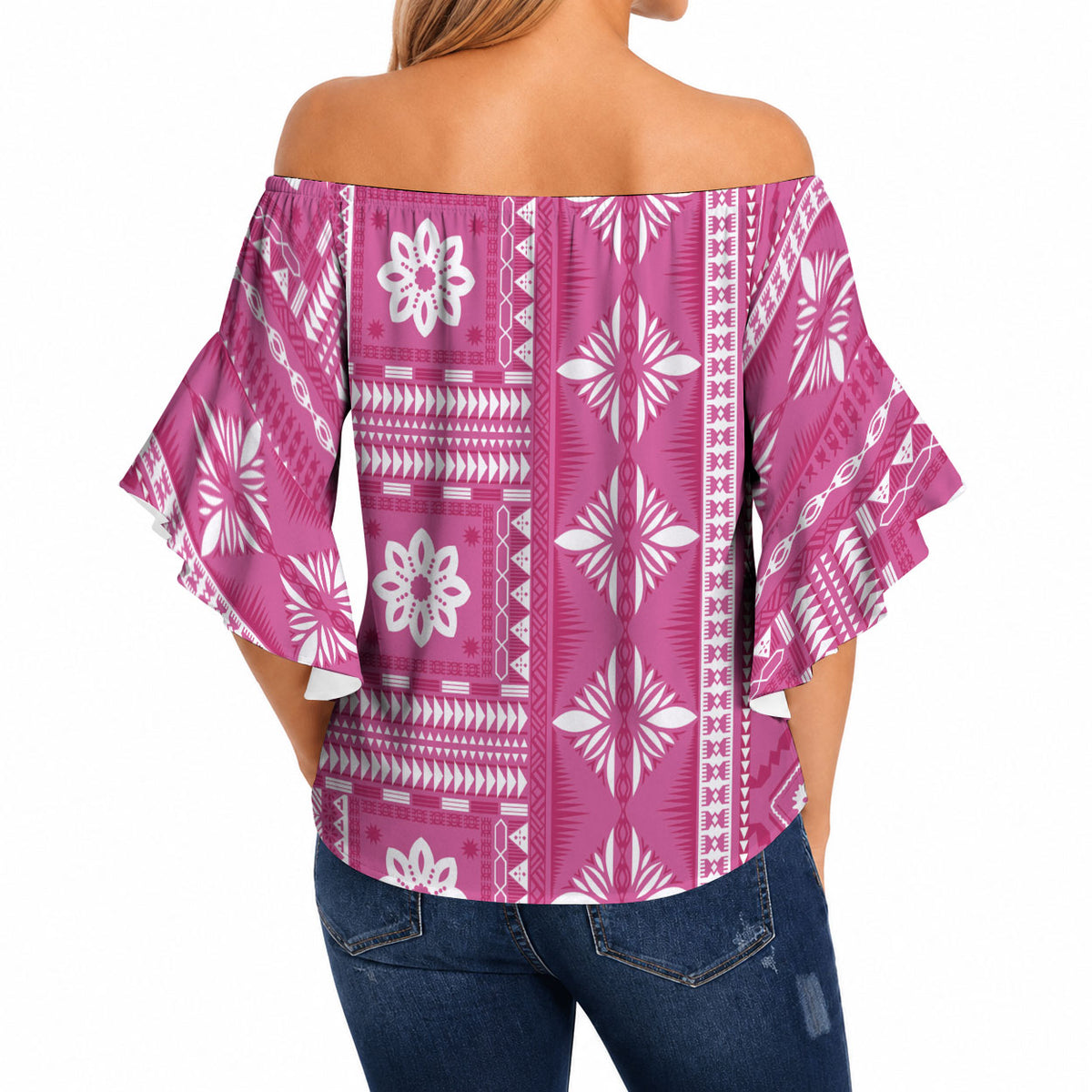 Fiji Masi All Pink Off Shoulder Wrap Waist Top Tapa Pattern LT01 - Polynesian Pride