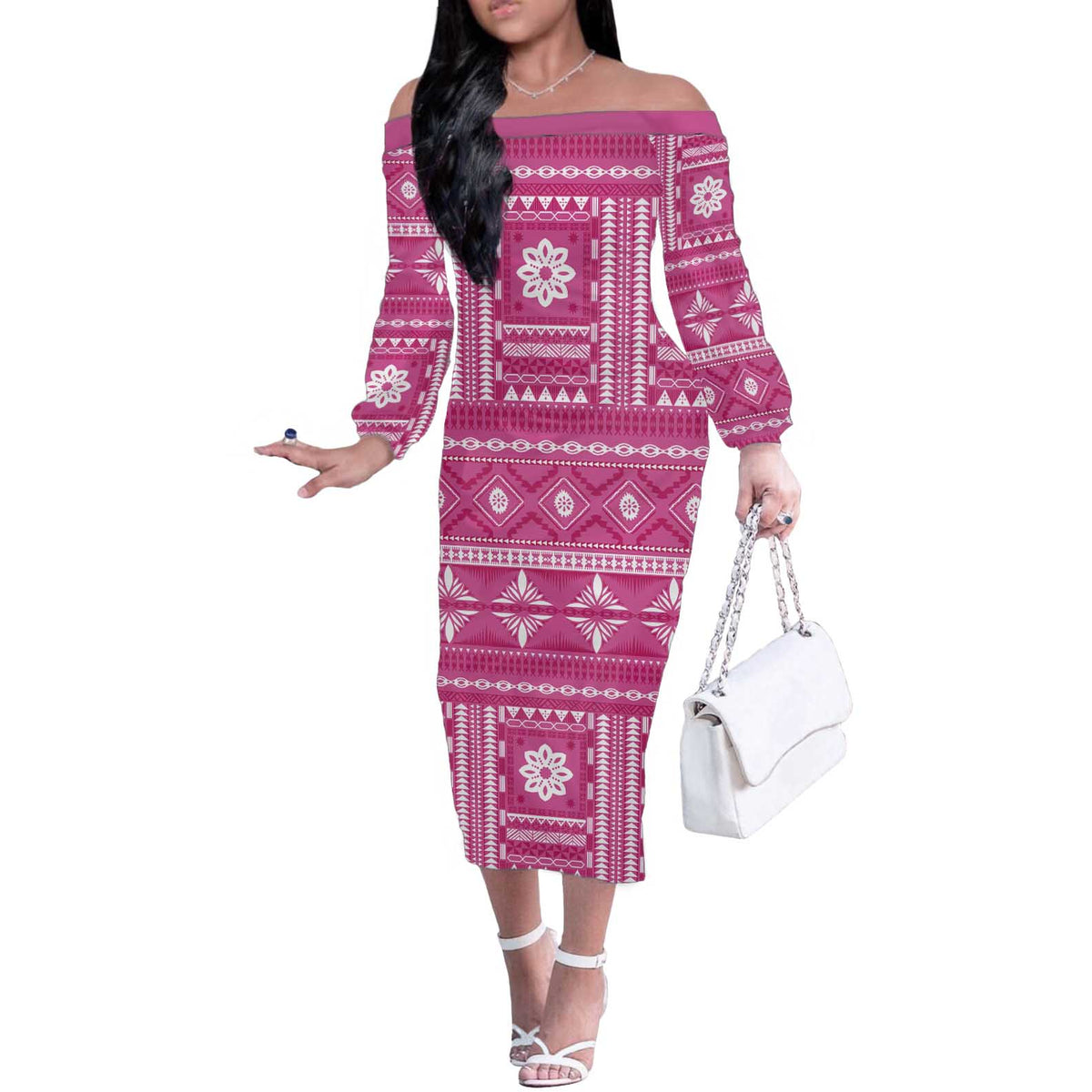 Fiji Masi All Pink Off The Shoulder Long Sleeve Dress Tapa Pattern - Polynesian Pride