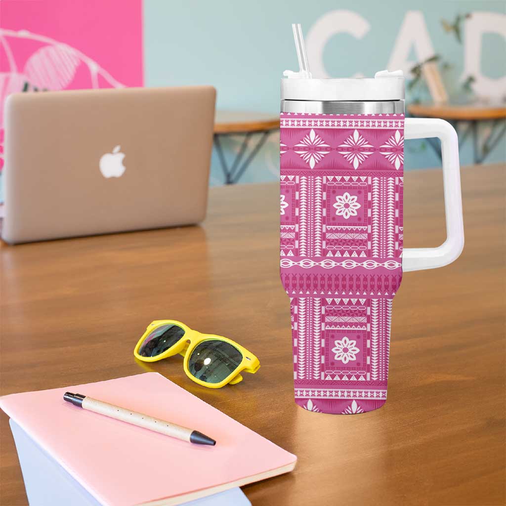 Fiji Masi All Pink Tumbler With Handle Tapa Pattern - Polynesian Pride
