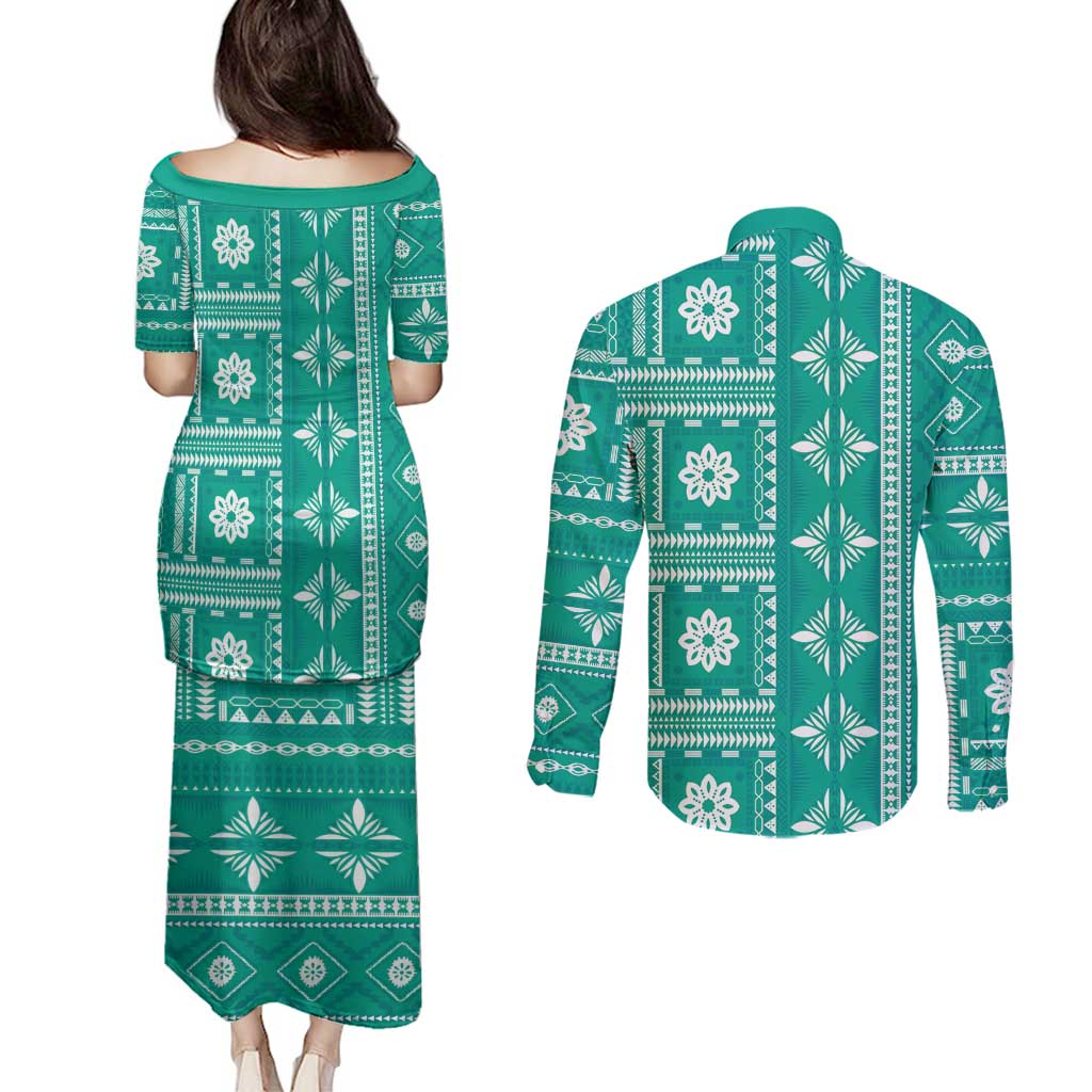 Fiji Masi All Teal Couples Matching Puletasi and Long Sleeve Button Shirt Tapa Pattern - Polynesian Pride