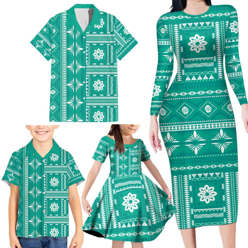 Fiji Masi All Teal Family Matching Long Sleeve Bodycon Dress and Hawaiian Shirt Tapa Pattern LT01 - Polynesian Pride