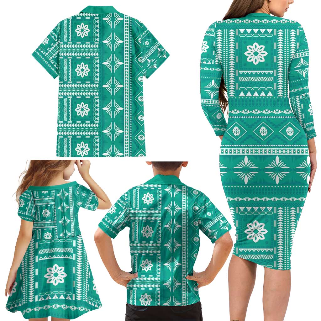 Fiji Masi All Teal Family Matching Long Sleeve Bodycon Dress and Hawaiian Shirt Tapa Pattern LT01 - Polynesian Pride