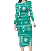 Fiji Masi All Teal Family Matching Long Sleeve Bodycon Dress and Hawaiian Shirt Tapa Pattern LT01 Mom's Dress Teal - Polynesian Pride