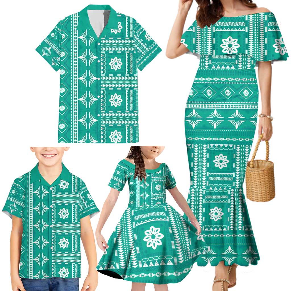Fiji Masi All Teal Family Matching Mermaid Dress and Hawaiian Shirt Tapa Pattern LT01 - Polynesian Pride