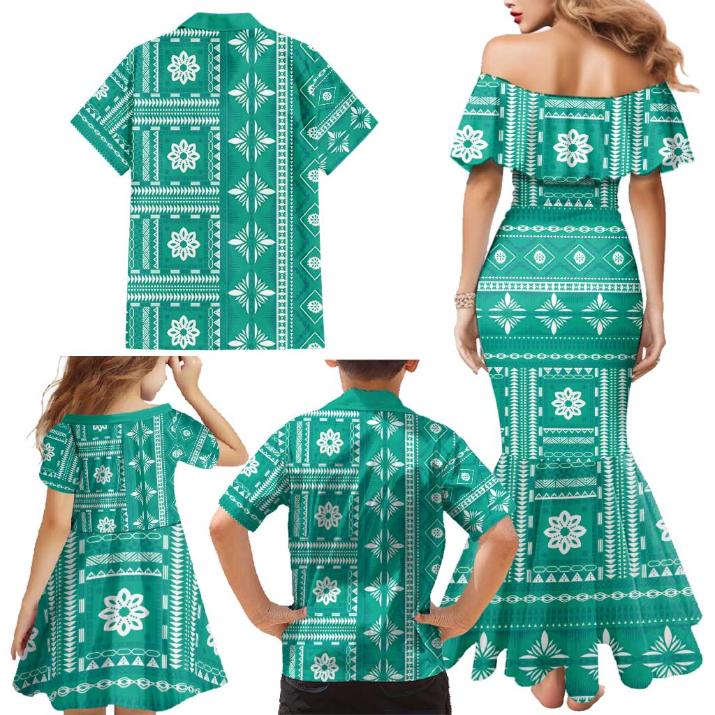 Fiji Masi All Teal Family Matching Mermaid Dress and Hawaiian Shirt Tapa Pattern LT01 - Polynesian Pride