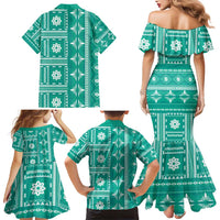 Fiji Masi All Teal Family Matching Mermaid Dress and Hawaiian Shirt Tapa Pattern LT01 - Polynesian Pride