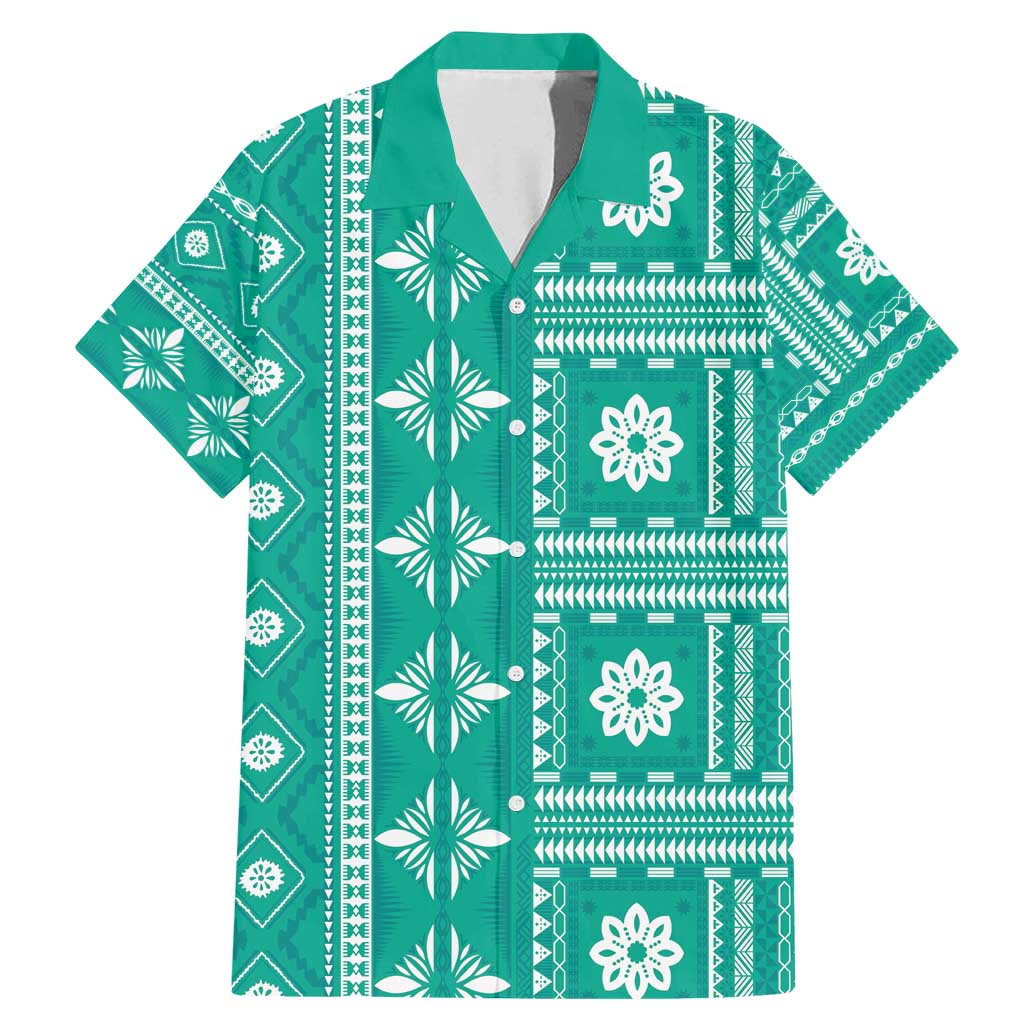 Fiji Masi All Teal Family Matching Mermaid Dress and Hawaiian Shirt Tapa Pattern LT01 Dad's Shirt - Short Sleeve Teal - Polynesian Pride