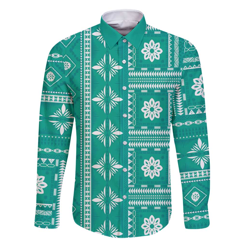 Fiji Masi All Teal Family Matching Mermaid Dress and Hawaiian Shirt Tapa Pattern LT01 Dad's Shirt - Long Sleeve Teal - Polynesian Pride