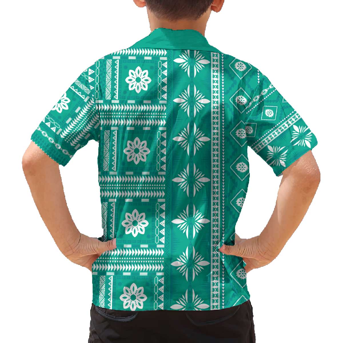 Fiji Masi All Teal Family Matching Off The Shoulder Long Sleeve Dress and Hawaiian Shirt Tapa Pattern LT01 - Polynesian Pride