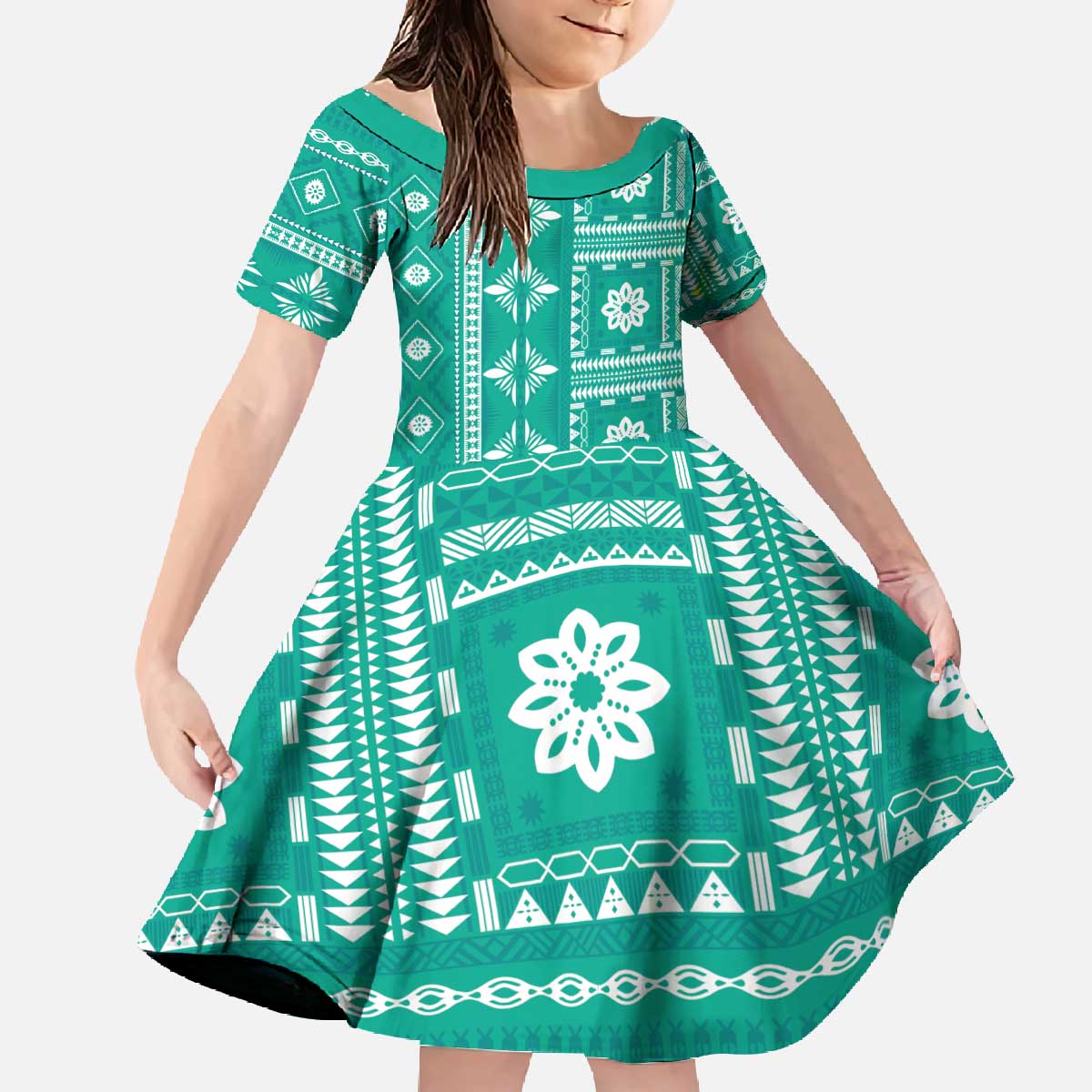 Fiji Masi All Teal Family Matching Off The Shoulder Long Sleeve Dress and Hawaiian Shirt Tapa Pattern LT01 Daughter's Dress Teal - Polynesian Pride