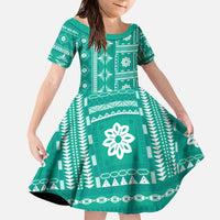 Fiji Masi All Teal Family Matching Off The Shoulder Long Sleeve Dress and Hawaiian Shirt Tapa Pattern LT01 Daughter's Dress Teal - Polynesian Pride
