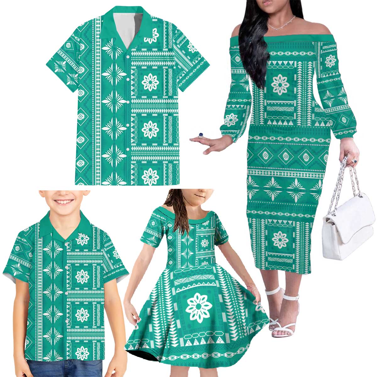 Fiji Masi All Teal Family Matching Off The Shoulder Long Sleeve Dress and Hawaiian Shirt Tapa Pattern LT01 - Polynesian Pride