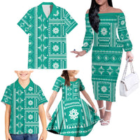 Fiji Masi All Teal Family Matching Off The Shoulder Long Sleeve Dress and Hawaiian Shirt Tapa Pattern LT01 - Polynesian Pride