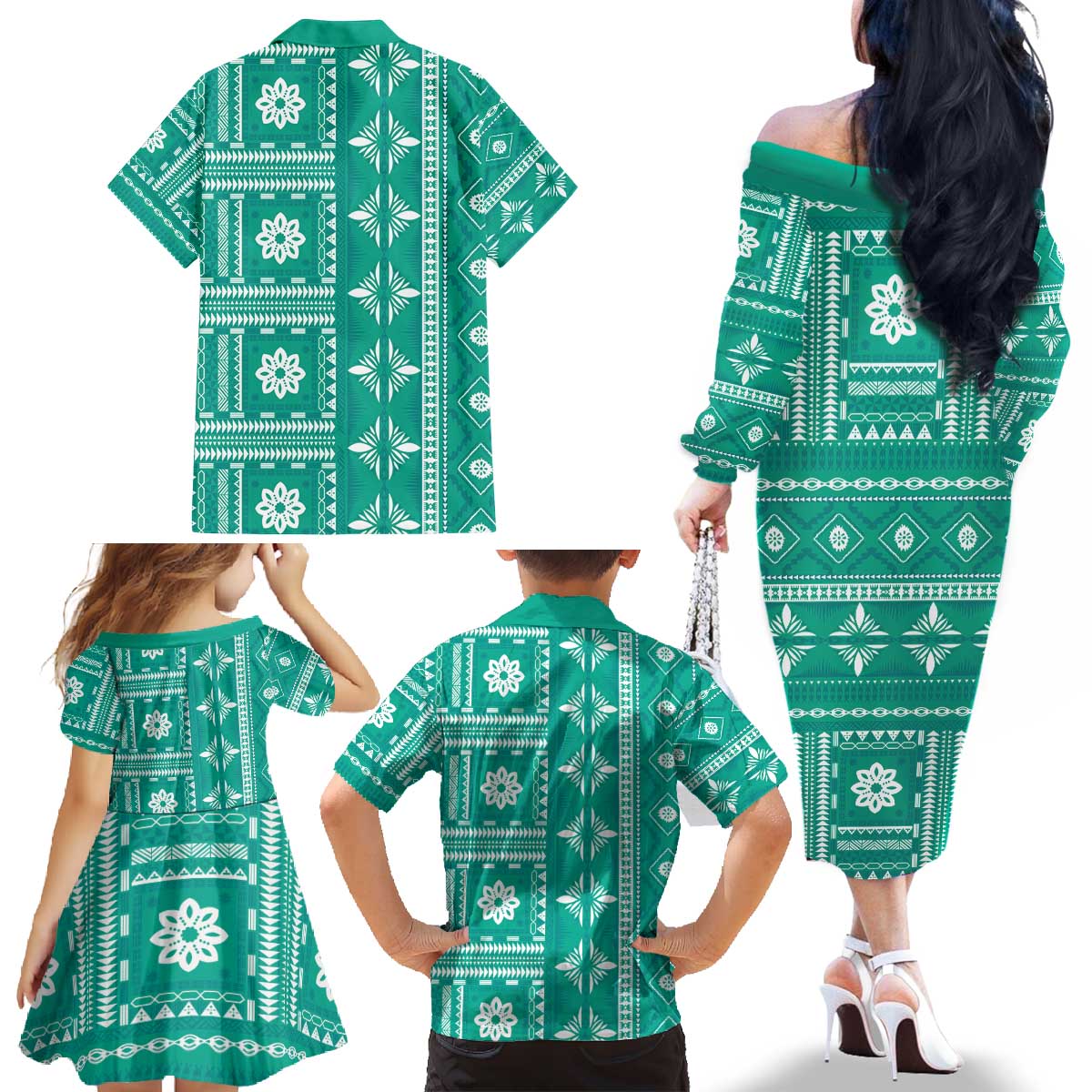 Fiji Masi All Teal Family Matching Off The Shoulder Long Sleeve Dress and Hawaiian Shirt Tapa Pattern LT01 - Polynesian Pride