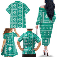 Fiji Masi All Teal Family Matching Off The Shoulder Long Sleeve Dress and Hawaiian Shirt Tapa Pattern LT01 - Polynesian Pride
