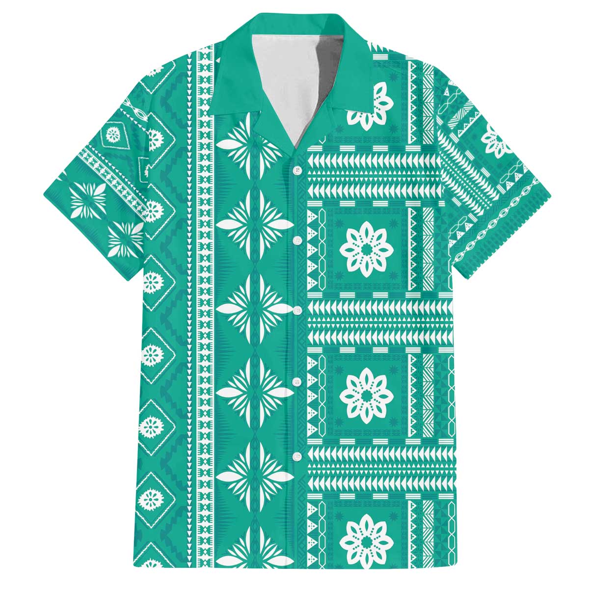 Fiji Masi All Teal Family Matching Off The Shoulder Long Sleeve Dress and Hawaiian Shirt Tapa Pattern LT01 Dad's Shirt - Short Sleeve Teal - Polynesian Pride