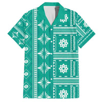 Fiji Masi All Teal Family Matching Off The Shoulder Long Sleeve Dress and Hawaiian Shirt Tapa Pattern LT01 Dad's Shirt - Short Sleeve Teal - Polynesian Pride