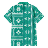 Fiji Masi All Teal Family Matching Off The Shoulder Long Sleeve Dress and Hawaiian Shirt Tapa Pattern LT01 - Polynesian Pride