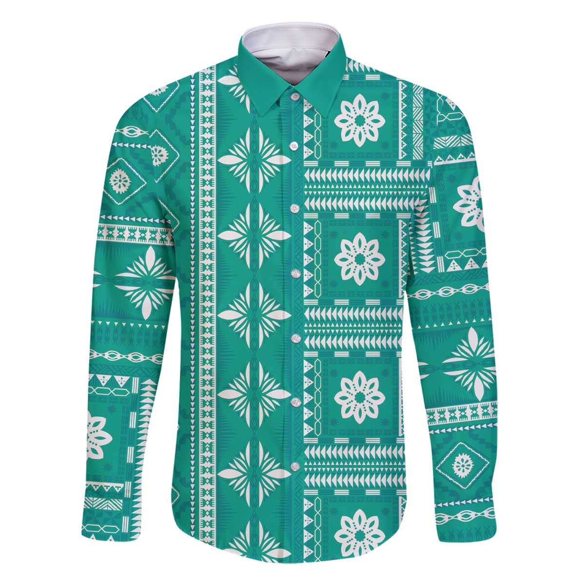Fiji Masi All Teal Family Matching Off The Shoulder Long Sleeve Dress and Hawaiian Shirt Tapa Pattern LT01 Dad's Shirt - Long Sleeve Teal - Polynesian Pride