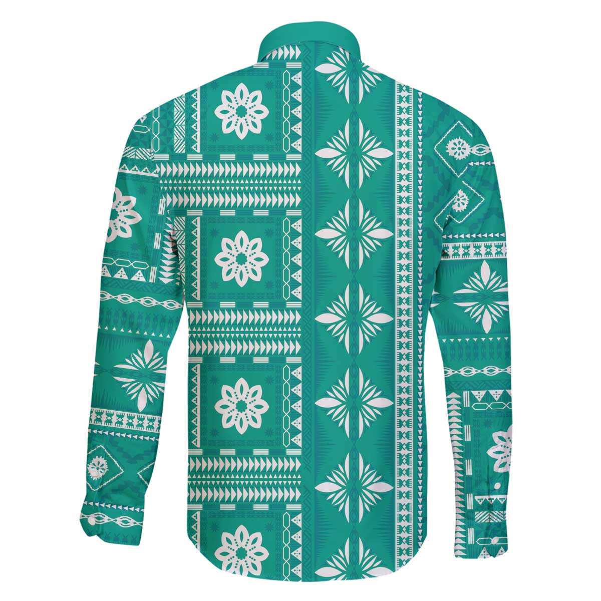 Fiji Masi All Teal Family Matching Off The Shoulder Long Sleeve Dress and Hawaiian Shirt Tapa Pattern LT01 - Polynesian Pride