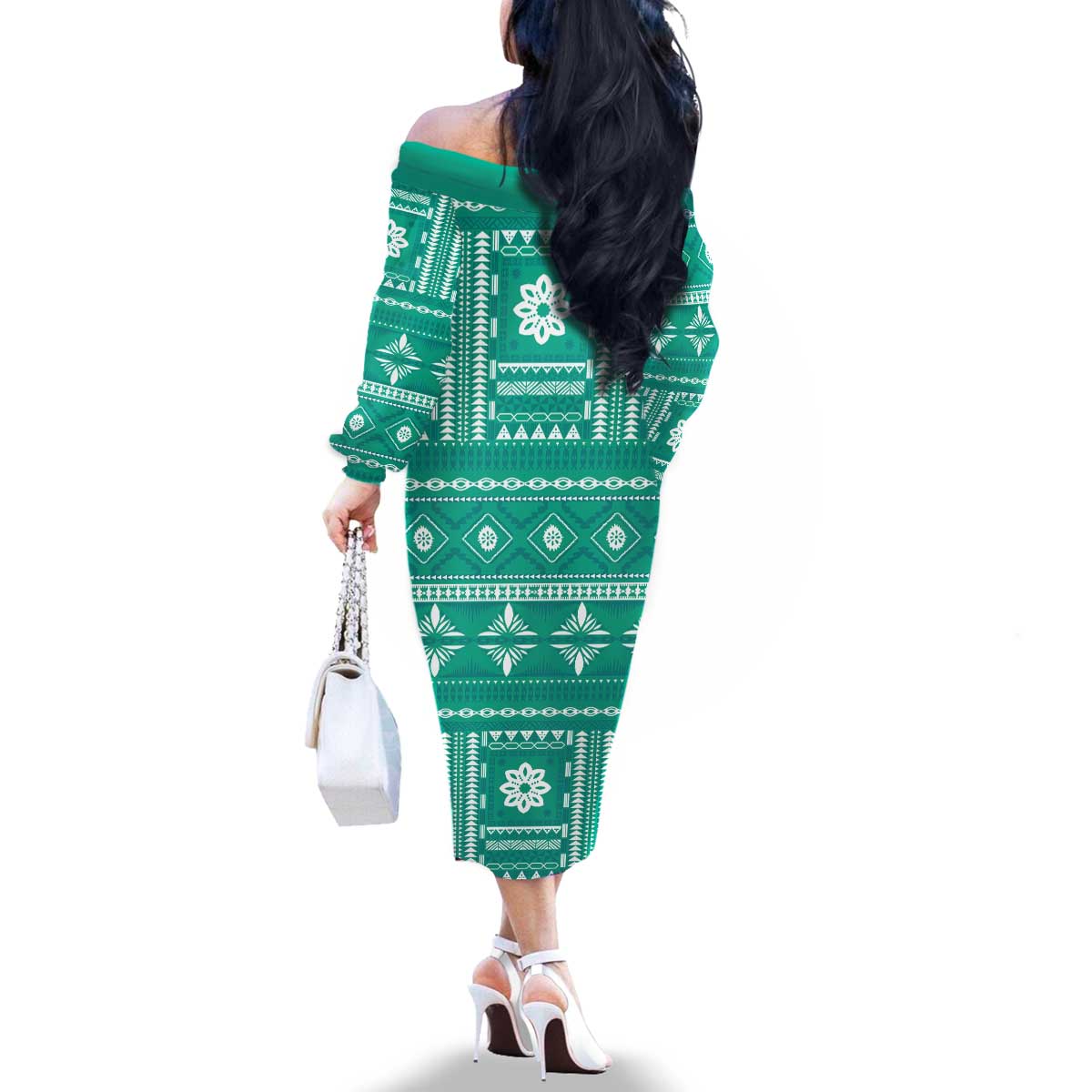 Fiji Masi All Teal Family Matching Off The Shoulder Long Sleeve Dress and Hawaiian Shirt Tapa Pattern LT01 - Polynesian Pride
