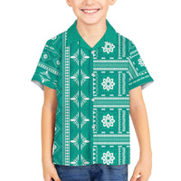 Fiji Masi All Teal Family Matching Off The Shoulder Long Sleeve Dress and Hawaiian Shirt Tapa Pattern LT01 Son's Shirt Teal - Polynesian Pride