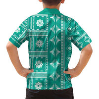 Fiji Masi All Teal Family Matching Off Shoulder Maxi Dress and Hawaiian Shirt Tapa Pattern LT01 - Polynesian Pride