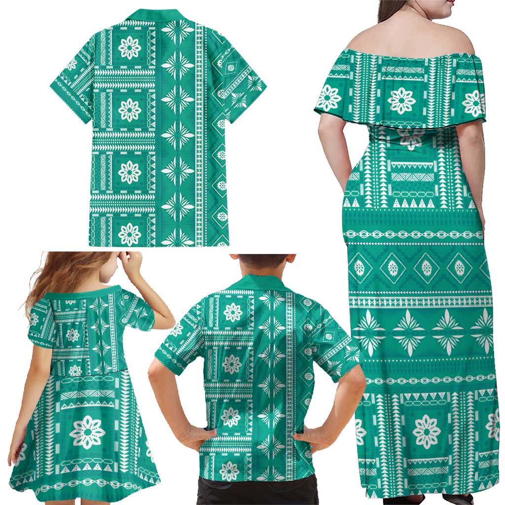Fiji Masi All Teal Family Matching Off Shoulder Maxi Dress and Hawaiian Shirt Tapa Pattern LT01 - Polynesian Pride