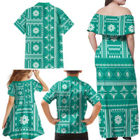 Fiji Masi All Teal Family Matching Off Shoulder Maxi Dress and Hawaiian Shirt Tapa Pattern LT01 - Polynesian Pride