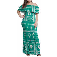 Fiji Masi All Teal Family Matching Off Shoulder Maxi Dress and Hawaiian Shirt Tapa Pattern LT01 Mom's Dress Teal - Polynesian Pride