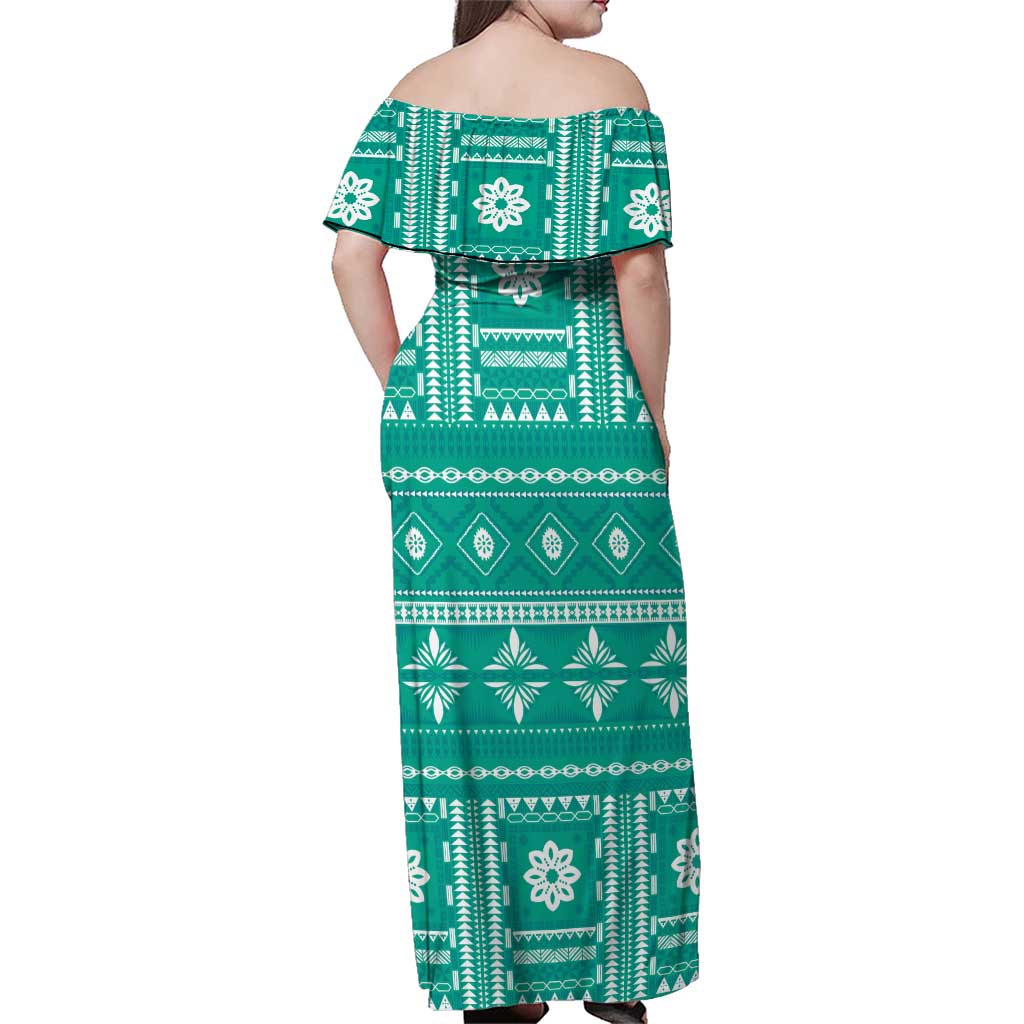 Fiji Masi All Teal Family Matching Off Shoulder Maxi Dress and Hawaiian Shirt Tapa Pattern LT01 - Polynesian Pride